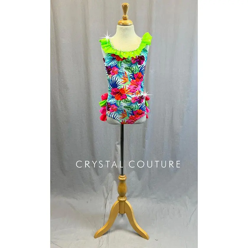 Tropical Floral Leotard with Neon Pink, Orange and Green Ruffles