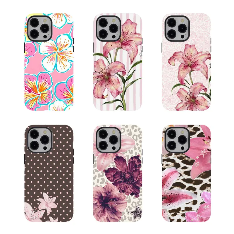 [No magnetic]  Watercolor Pink Lily Phone Case,Floral Leopard  Aesthetic Dual-Layer design durable phone Cover,for iPhone 17 16 15 14 13 12 11 8 7 for Samsung Series,Shockproof Protective hard Cover,perfect gift for her