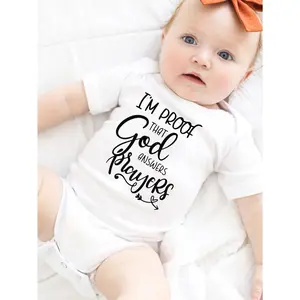 Cute Baby Bodysuit With I M Proof That God Answers Prayers Print Soft Versatile Round Neck Button Detail Regular Fit All Seasons Knitted Fabric Onesie For 0 12 Months