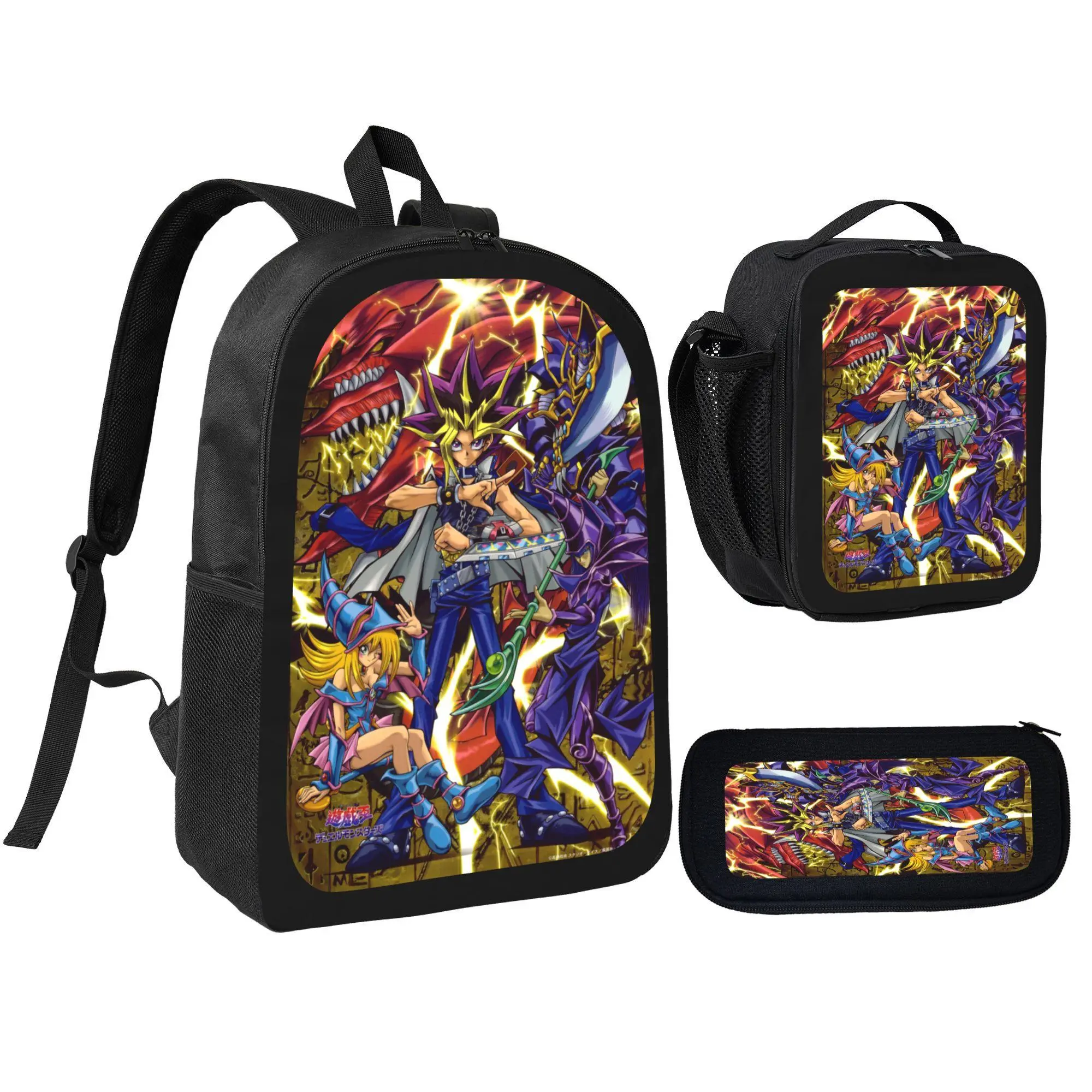 [3Pcs Backpack Set] Yu Gi Oh Anime Character Print with Lunch Bag Pencil Pouch School Bag for Kids Teens Students Boys Girls Daily Use-1