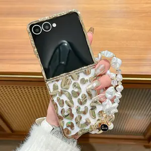 Translucent Floral/Speckled Protective Case with Wrist Strap for Samsung Flip