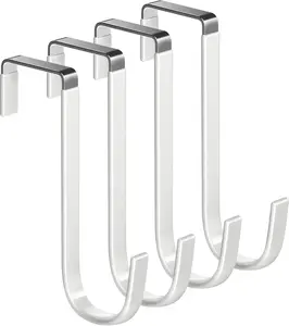 Over the Door Hooks 4Pcs L=5.5" Fit 1 3/8" Door Steel with White Rubber Coating Adjustable Spacing for Bathroom Room Wreath Ironing Board Holder Heavy Duty Organiser