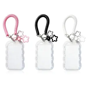 3 Pack Cute Photocard Holder Keychain Kpop Photo Card Holder, Transparent PC Holder with Star Wave Design for Bus Student Card, Creative Photo Protector Keychain