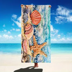 1pc 250gsm Beach Shell Starfish Pattern Quick-dry Absorbent Women's Sports Cape Towel, Rectangular 27.56*55.12inch or 35.43*70.87inch, Designed for Beach, Seaside, and Swimming Pool Use