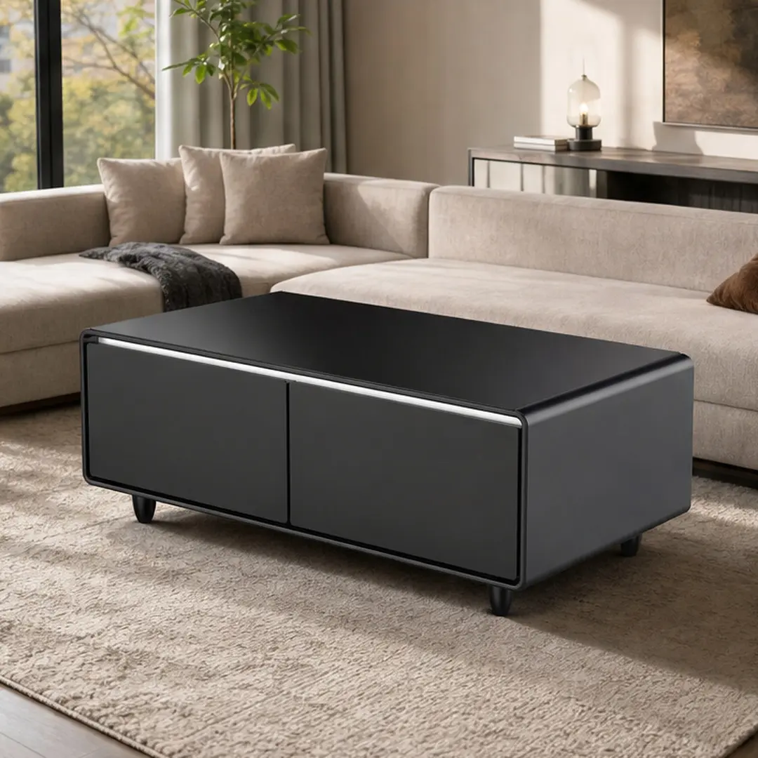 Modernism ARCH Rectangular Glossy Black Indoor Furniture Table - 135L Built-in Fridge, 37-46°F Manual Temp Control, Power Outlets & USB Ports, ABS+Rubber+Steel Build, 27.76W x 50.98D x 18.11H Living Room Coffee Table