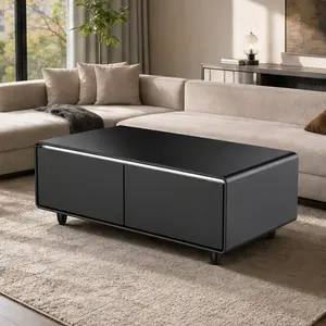 Modernism Coffee Table - ARCH Rectangular Glossy Black Living Room Furniture, 135L Built-in Fridge, 37-46°F Manual Temp Control, Power Outlets & USB, ABS+Rubber+Steel, 27.76W x 50.98D x 18.11H, Modernism Coffee Tables