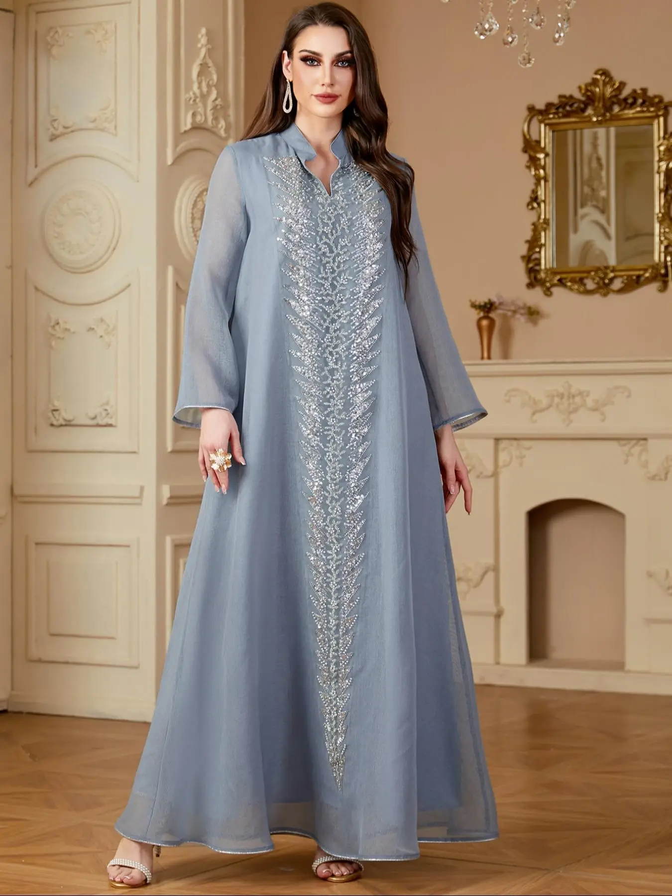 Women's Contrast Mesh Notched Neck Dress, Elegant Long Sleeve Long Dress for Party Wedding Guest, Ladies Islamic Clothing for All Seasons