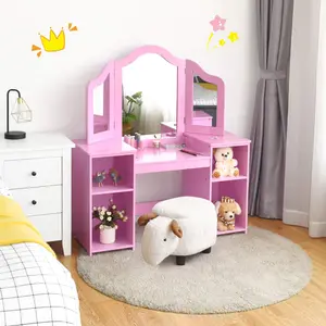 Costzon Kids 2-in-1 Princess Vanity, Kids Vanity, Wooden Vanity Table with Stool & Drawer, Removable Top, Princess Pretend Playset for Little Girls,Father's Day Gift
