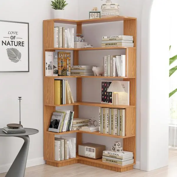 5-Tier L-Shaped Contemporary Modern Bookshelf Rack - MDF Wood Family Friendly Corner Bookshelf with Storage, Stable Anti-Tip, Rounded Corners, 35.43" Free-Standing Organizer for Living Room, Home Library, Modern Corner Bookshelf
