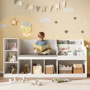 Gizoon 67" Kids Toy Storage Cabinet and Bookcase with Bench and 7 Open Shelves Toy Chest Shelf Organizer with Anti-Tip Design & Rounded Corners for Playroom Bedroom Nursery Kids Room