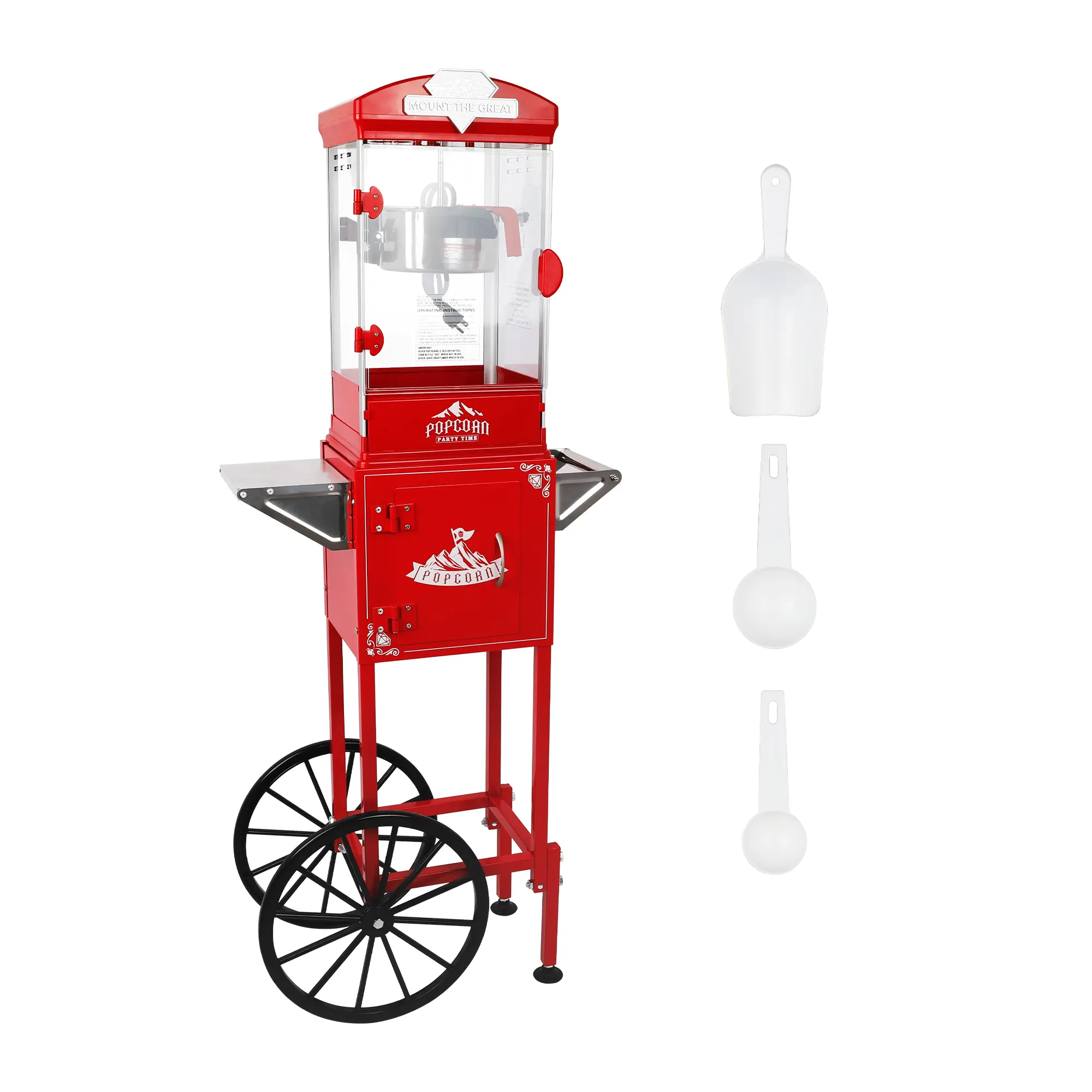 Commercial Popcorn Machine machine with Cart,popcorn maker machine with stand,Wheels & 10Oz Kettle Popcorn Maker Measuring 3 plastic spoon Home Theater Popcorn Machine-Red family movie night