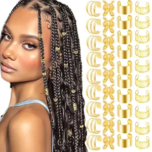 Gold Braid Hair Cuffs Pack With Butterfly & Wave Designs, Assorted Metal Hair Rings, Boho Dreadlock Accessories For Women