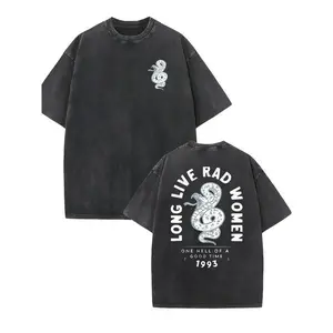 "Long Live Rad Women" & Snake Print Casual Crew Neck Oversized Tee, Soft Breathable Cotton Short Sleeve Top, Retro Streetwear Aesthetic