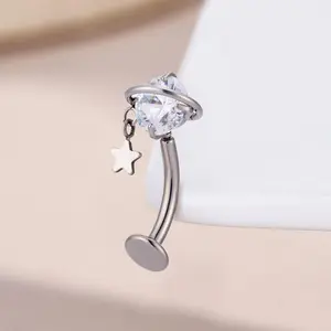 Oufer 14G Titanium Threadless Push Pin Dangle Star CZ Belly Button Ring, 10mm Bar Length - Threadless Jewelry, Body-Safe Dainty Piercing Jewelry, Accessories for Women