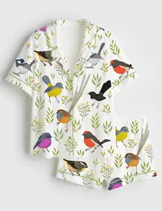 Women’s Little Birdies Cute Animal Print Short Sleeve Silk Satin Pajama Set Soft Sleepwear