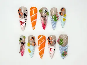 Cute Sushi Press On Nails | 3D Japanese Food Nail Art | Kawaii Salmon & Sushi Roll Nails | Handmade Foodie Press Ons | Fun Design