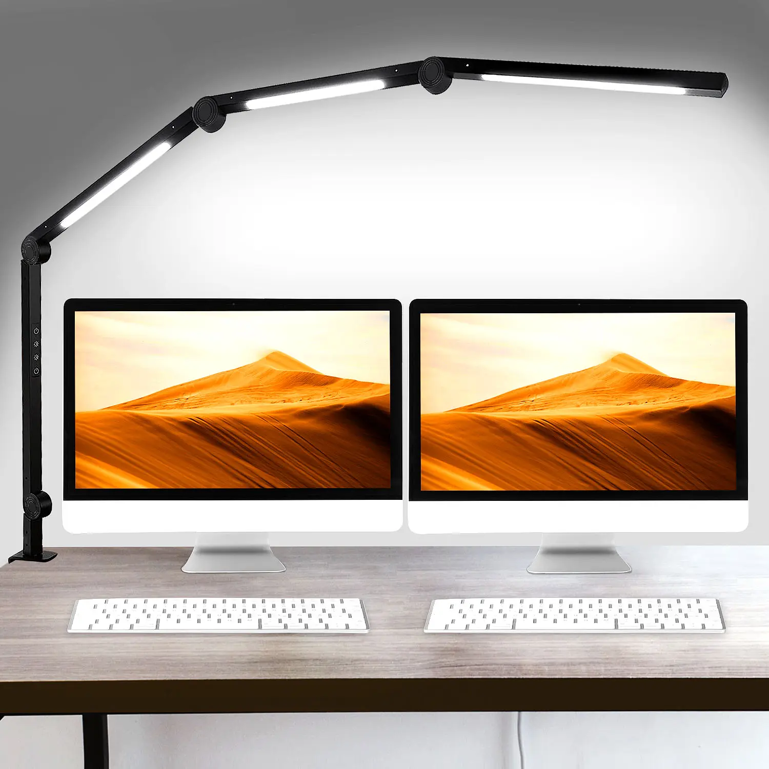 Yocrostar Clamp-On LED Desk Lamp - 4-Section Flexible Swing Arm, 3 Light Bars, 4 Lighting Modes Adjustable, 5 Brightness Levels, Eye-Caring, Memory Function, Aluminum, AC Power Supply, Modern Indoor Reading Light for Office