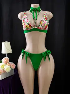 Boho Green Sunflower Floral Print Choker Halter Tie Bikini Set with Side Bow Thong Bottoms, Adjustable Straps & Back Closure Two-Piece Swimwear sexy lingerie set altgirl whimsy clothing