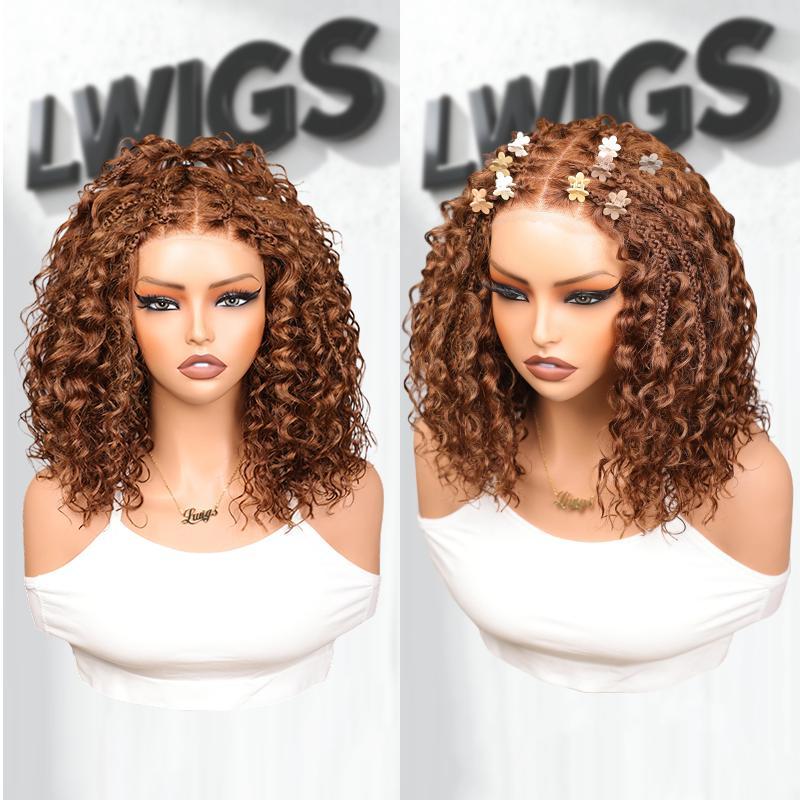 【100%Human Hair】LWIGS Boho Braids Deep Curly Glueless 5x5 Closure Pre-Cut Lace Short Curly Human Hair Braided Wig Natural Black Bohemian Style , cannot be dyed