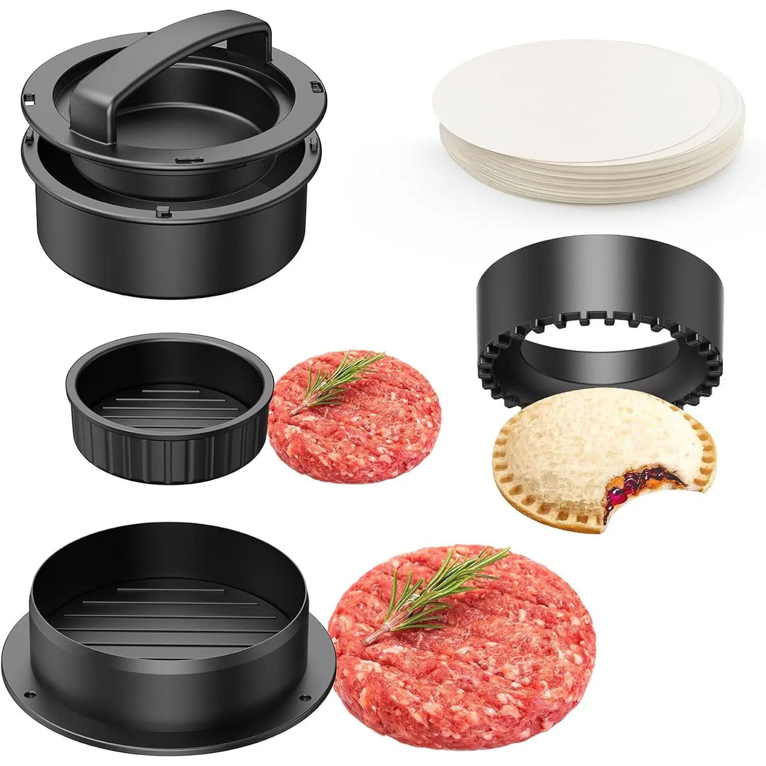 4-in-1 ABS Synthetic Plastic Kitchen Utensils Set - Detachable Mold Hamburger Press Patty Maker with 100 Wax Disc Papers for Stuffed Burgers, Sandwiches, Moms’ Meal Prep