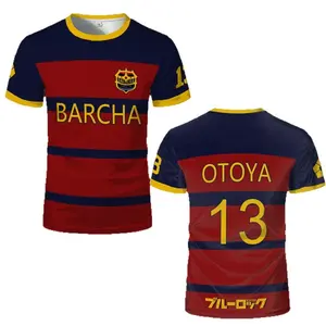 Men's short-sleeve striped soccer-style T-shirt featuring a Japanese anime aesthetic, color-blocked yellow trim, and a printed number design—a versatile, everyday sporty top.