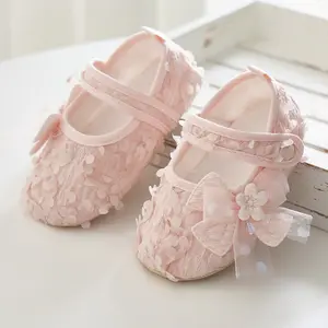 Baby Girl's Floral Lace Mary Jane Shoes, Pink Princess Bow Decor Soft Sole Crib Shoes, Newborn Infant Toddler Dressy First Walkers for Baptism Wedding Party