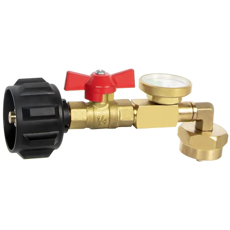 Upgraded Solid Brass Propane Refill Adapter with 90-Degree Elbow Design, Easy-to-Operate Lever, On/Off Valve, Gauge, 1"-20 Female Throwaway Cylinder Thread, QCC-1 Compatibility for Filling 1 lb Bottles from 20 lb Tanks (Outdoor Home & Party Use)