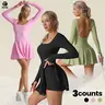 TCVC Women's Solid Criss Cross Backless Sports Dress, Sporty Scoop Neck Long Sleeve Tennis Dress, Ladies Sporswear for Indoor Outdoor Wear Women's Sleeveless Spaghetti Strap Jumpsuit Women's Stretchy Casual Romper bodysuits Women's Tennis Dress with Short