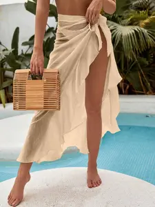 Summer Beach Ruffle Trim Cover Up Skirt - Swim Vcay Knot Side Wrap Skirt for Pool, Resort, and Vacation Outfits