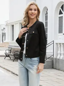INSPIRE CHIC Casual Faux Suede Jacket Women's Collarless Shacket Long Sleeve Button Down Cropped Jackets