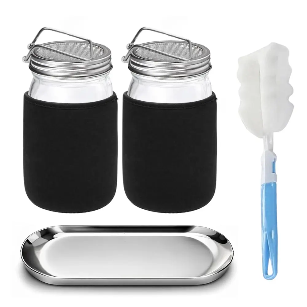 1Set Sprouting Kit with Stainless Steel Screen Sprouting Lids & Glass Mason Jars & Light-Blocking Sleeves, 2 Packs Premium Reusable Sprouts Growing Kit for Organic Broccoli Alfalfa Seeds Bean Sprouts ﻿