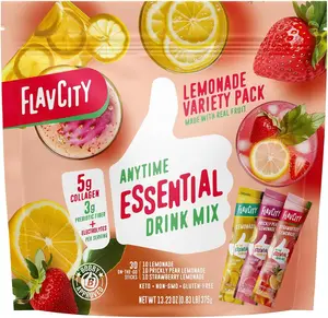 FlavCity Anytime Essential Lemonade Variety Pack Drink Mix Sticks with Collagen, Fiber & Electrolytes, 3 Flavors, 30 Packets