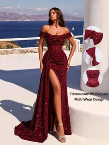 Women's Off-Shoulder Sequined Maxi Dress, Womenswear, Elegant Fit Formal Evening Gown, Detachable Sleeves, Perfect for Weddings, Graduations, New Year Parties