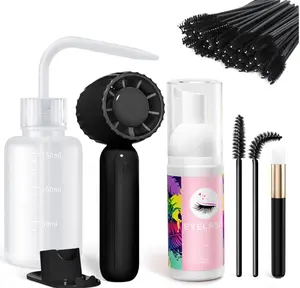 Buqikma Lash Cleaning Kit - Lash Shampoo 60ML with Rechargeable Handheld Fan Dryer, Mascara Brush, Rinse Bottle, Makeup Cleansing Foam for Eyelash Extension Care, Black