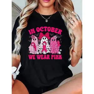 in October We Wear Pink Breast Cancer Halloween Women Girls T-Shirt Graphic Cotton T-Shirt women's graphic tees