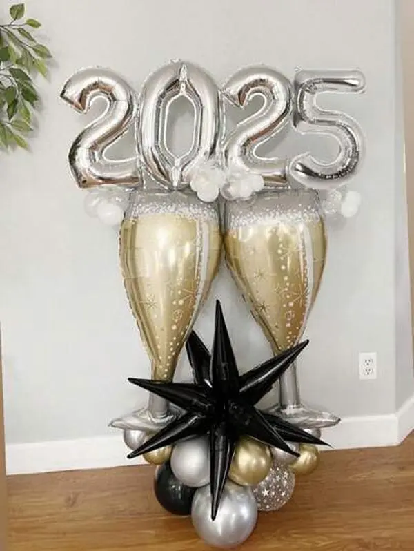 39pcs/Set New Year's Eve Giant Champagne Cup Cheer Aluminum Foil Balloons, 16" Silver Letter, Bubble Shape, Black Explosion Star Foil Bottle Balloons, Suitable For Theme Party, Bachelorette, New Year 2025, Anniversary Celebration Decorations, Christmas