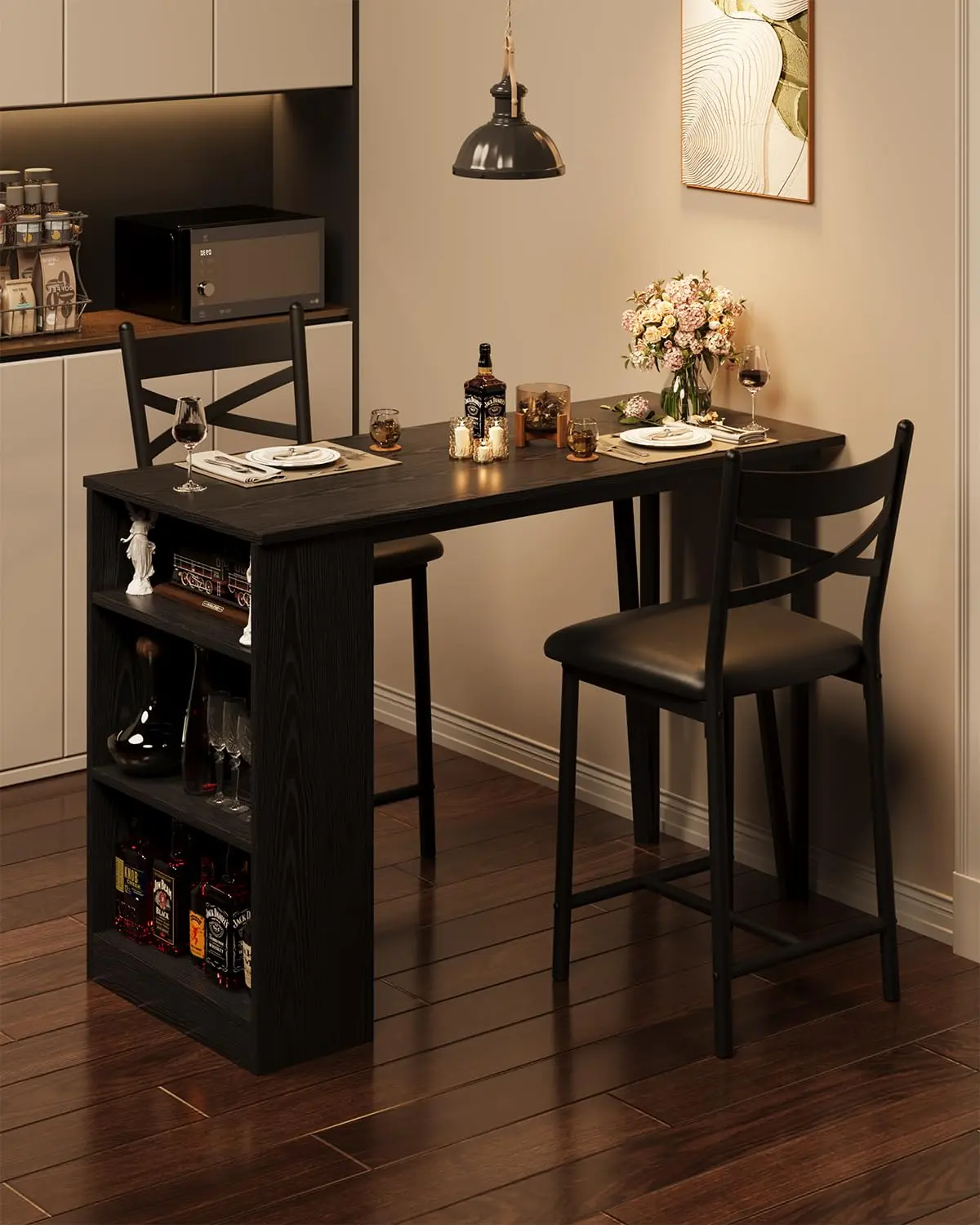Garvee Extendable Bar Table Set with 16-Inch Wide Cushions for Comfortable Seating, Suitable for 2-4 People, Sturdy and Durable Black Bar Table and Chairs Set