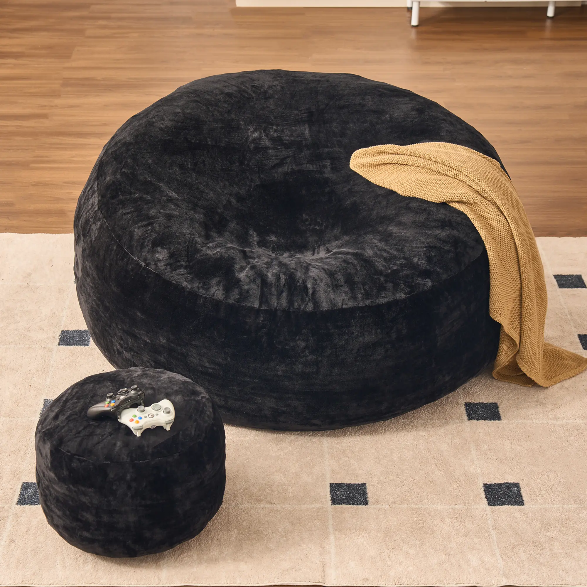 Striped Black Bean Bag Lazy Sofa with Ottoman