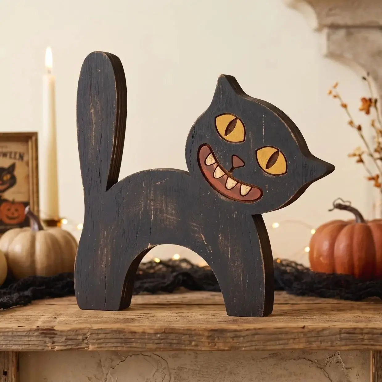 Vintage Halloween Decor Indoor, Retro Wooden Block for Shelf Decor,  Black Cat Halloween Decor, 90s Halloween Decorations, Housewarming Gift