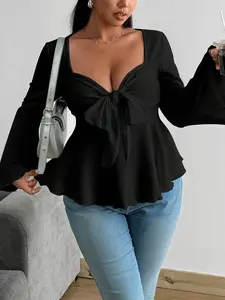 Plus Size Pure Desire Style Plain Square Neck Bow Top, Hot Girl Flared Sleeve Waist Cinched Ruffle Knit Sweater, Sweet Cool Outerwear Long Sleeve