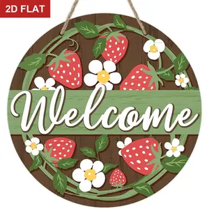 Welcome Spring Summer Strawberry Front Door Sign, Daisy Flower Farmhouse Wood Door Hanger Outdoor Outside Porch Decor, Rustic Seasonal Wooden Wreath Indoor Wall Hanging Decoration 9.2x9.2in