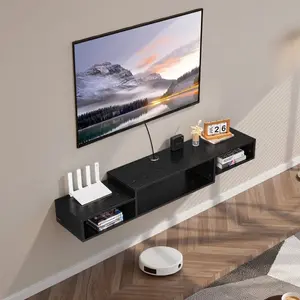 VEVOR Floating TV Stand, 59 Wall Mount Entertainment Center with Power Outlet Cable Hole, Modern Floating TV Shelf with Storage Cabinet for DVD Player, Cable Box, Game Console, TV Accessory, Black