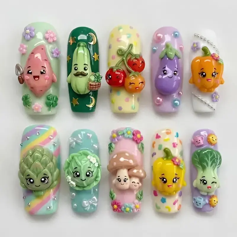 Handmade Shopkins Vegetable Press On Nails | 3D Garden Harvest Faces Art | Kawaii Colorful Food Fake Nails Set