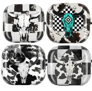 Western Cow Skull AirPods Case, Checkered Abstract Skull, White Skull on Cowhide Black & White Vibes AirPods Pro 1 2 3, AirPods 4 3 2 1