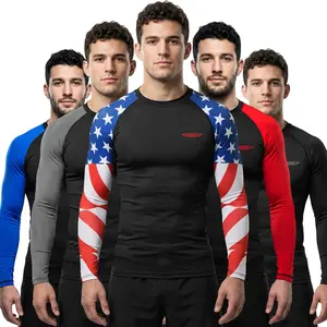 Exxact Sports Mens BJJ Rash Guard Jiu Jitsu Long Sleeve Sublimated, Ranked Compression No Gi Jiu Jitsu Rash Guard Men for MMA, Wrestling - (USA Flag)