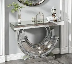 3C-Shaped Crushed Diamond Mirrored Console Table - Indoor Living Room, Hotel Hallway Centre Table
