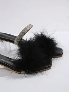 Women’s Crystal Thick Heel Sandals – Rhinestone Fairy Style Two-Way Wear Fluffy High Heels, Valentine Party Shoes