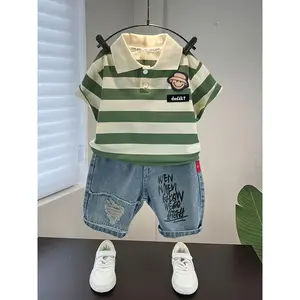 (New)Boys' Summer Two-Piece Set |           Striped Short-Sleeve Polo Shirt and Denim Jeans, Stylish, Sizes 90-140, Suitable for Outings, School and Other Occasions, for Outdoor(Gift)11