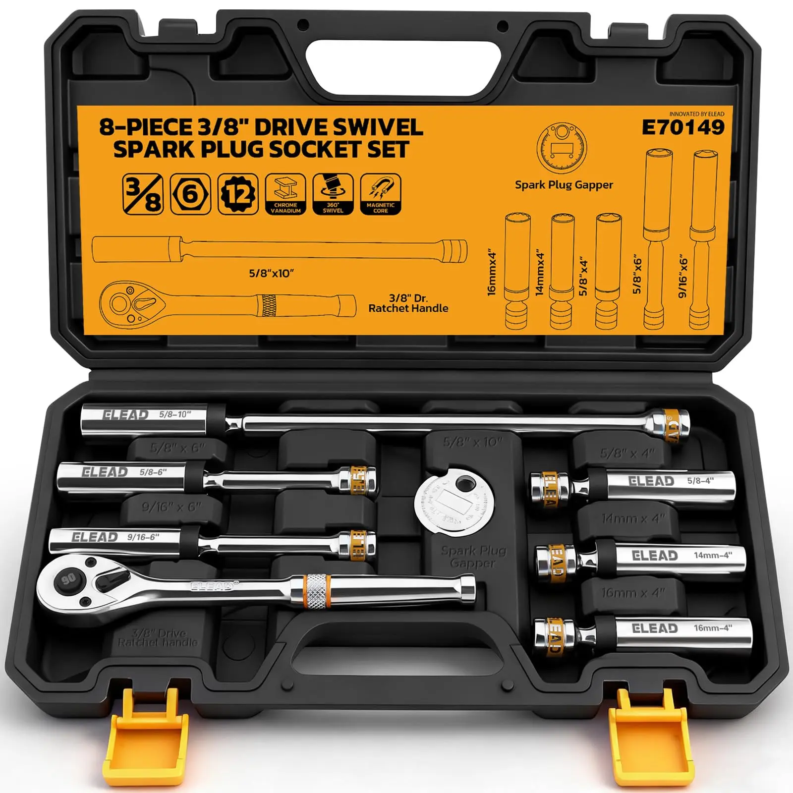 ELEAD 8-Piece 3/8" Drive Magnetic Swivel Spark Plug Socket Set, 5/8", 9/16", 14mm, 16mm, Include Ratchet Handle & Spark Plug Gapper, 6 & 12 Point CR-V Spark Plug Removal Tool,father'sdaygifts