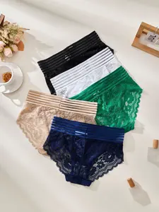 Lace Design Women's Briefs, 3/5/6 Pcs Set, Breathable Soft Seamless High Waist, Fitted Sheer Style, All Seasons Daily Wear, Fitted Seamless Panties